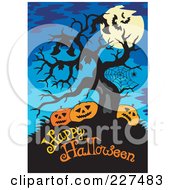 Royalty Free RF Clipart Illustration Of A Bats And A Full Moon With A Bare Tree Over Jackolanterns And Happy Halloween Text On Blue