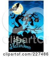 Poster, Art Print Of Bats Hanging From A Tree Branch Over A Cemetery And Happy Halloween On Blue