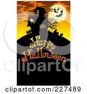Poster, Art Print Of Haunted Mansion With Bats And A Full Moon Over Happy Halloween Text - 5