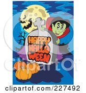 Poster, Art Print Of Vampire Looking Around A Happy Halloween Greeting On A Tombstone Under A Full Moon