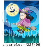 Royalty Free RF Clipart Illustration Of A Witch Flying Over Trees On A Night With A Full Moon And Bats