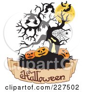 Royalty Free RF Clipart Illustration Of Bats Hanging From A Ghostly Tree With A Web Jackolanterns And A Halloween Banner