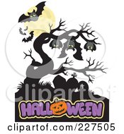 Royalty Free RF Clipart Illustration Of Bats And A Full Moon Over A Bare Tree And Halloween Text