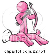 Clipart Illustration Of A Pink Man A Hunter Holding A Bow And Arrow Over A Dead Buck Deer by Leo Blanchette