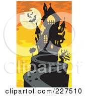 Poster, Art Print Of Path Leading To A Haunted Mansion On A Hilltop Under A Full Moon With Bats Over Orange