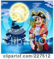 Pirate With A Sword And Parrot On A Beach His Ship Under The Moon Light