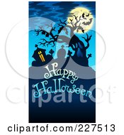 Poster, Art Print Of Happy Halloween Greeting With Tombstones Bats And A Full Moon On Blue