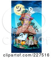 Poster, Art Print Of Bats In Front Of A Full Moon Over A Witch Ghosts And Vampire At A Haunted House