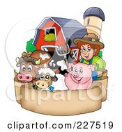 Farmer By His Livestock Barn And Silo Over A Blank Parchment Banner