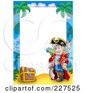 Royalty Free RF Clipart Illustration Of A Pirate And Treasure Chest On A Beach Border Frame Around White