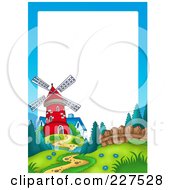 Poster, Art Print Of Path Leading To A Red Windmill By A Blue House Border Frame