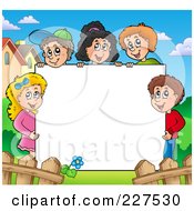 Poster, Art Print Of Happy Children Holding Up A Blank Sign Board Bordered By Houses And A Fence