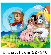 Poster, Art Print Of Muddy Pig Sheep And Farmer By A Fence With A Cow And Horse