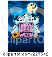 Poster, Art Print Of Happy Halloween Greeting With Ghosts Tombstones Bats And A Full Moon On Blue