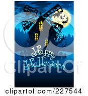 Poster, Art Print Of Happy Halloween Greeting Under A Creepy Windmill Bats And A Full Moon On Blue