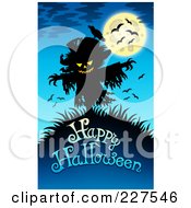 Creepy Scarecrow And Bats Over Happy Halloween Text On Blue