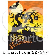 Royalty Free RF Clipart Illustration Of Bats And A Full Moon Over A Bare Tree And Happy Halloween Text Over Orange