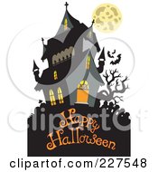 Poster, Art Print Of Haunted Mansion With Bats And A Full Moon Over Happy Halloween Text - 1