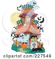 Poster, Art Print Of Haunted House With Ghosts A Witch Vampire Black Cat And Bats