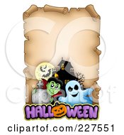 Poster, Art Print Of Aged Parchment Page With A Ghost Vampire Bats And A Haunted House And Halloween Text