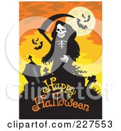 Poster, Art Print Of Grim Reaper And Headstones Over Happy Halloween Text On Orange