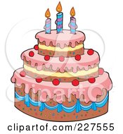 Royalty Free RF Clipart Illustration Of A Pink Frosted Tiered Birthday Cake With Three Candles