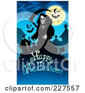 Royalty Free RF Clipart Illustration Of A Creepy Grim Reaper And Bats Over Happy Halloween Text On Blue by visekart