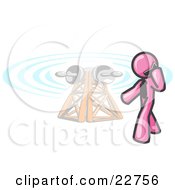 Pink Businessman Talking On A Cell Phone A Communications Tower In The Background by Leo Blanchette