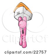 Clipart Illustration Of A Pink Man Holding Up A House Over His Head Symbolizing Home Loans And Realty
