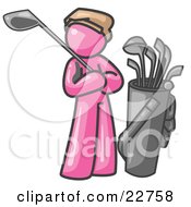 Clipart Illustration Of A Pink Man Standing By His Golf Clubs