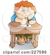 Poster, Art Print Of Happy Red Haired School Boy Leaning Over His Desk And Holding A Pencil