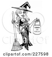 Royalty Free RF Clipart Illustration Of A Sexy Black And White Halloween Witch Holding A Trick Or Treat Bag by LaffToon