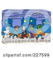 Poster, Art Print Of Line Of Trick Or Treaters Carrying Halloween Candy Bags On A Sidewalk