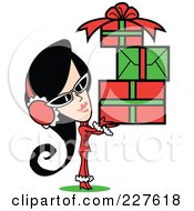 Retro Woman Wearing A Santa Suit And Carrying A Pile Of Christmas Gifts