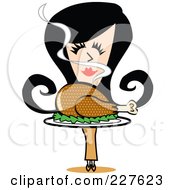 Retro Woman Smelling And Carrying A Roasted Thanksgiving Turkey