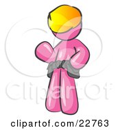 Friendly Pink Construction Worker Or Handyman Wearing A Hardhat And Tool Belt And Waving by Leo Blanchette