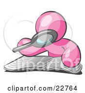 Pink Man Using A Magnifying Glass To Examine The Facts In The Daily Newspaper