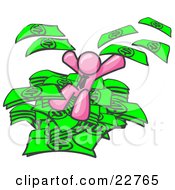 Pink Business Man Jumping In A Pile Of Money And Throwing Cash Into The Air