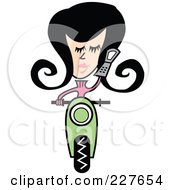 Retro Woman Talking On A Cell Phone And Riding Forward On A Green Scooter