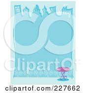 Royalty Free RF Clipart Illustration Of A Blue Background With Skyscrapers A Table And Flowers by Andy Nortnik