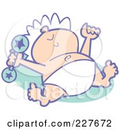 Royalty Free RF Clipart Illustration Of A Baby Laying On His Back Wearing A Hat And Diaper And Holding A Rattle by Andy Nortnik