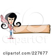 Poster, Art Print Of Retro Cowgirl Woman Holding Her Hat And Standing By A Blank Wooden Sign