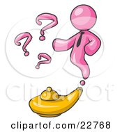 Clipart Illustration Of A Pink Genie Man Emerging From A Golden Lamp With Question Marks by Leo Blanchette