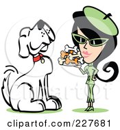 Retro Woman In A Green Suit Serving A Large Dog Biscuits