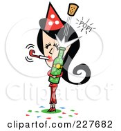 Royalty Free RF Clipart Illustration Of A Retro Woman Blowing A New Years Noise Maker And Popping A Cork Off Of Champagne by Andy Nortnik