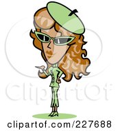 Retro Woman In A Green Hat Sunglasses And Suit Standing And Presenting