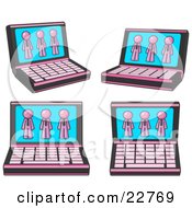 Poster, Art Print Of Four Laptop Computers With Three Pink Men On Each Screen