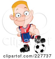 Poster, Art Print Of Happy Blond Boy Resting His Foot On A Soccer Ball