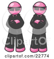 Two Pink Men Standing With Their Arms Crossed Wearing Sunglasses And Black Suits