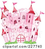 Poster, Art Print Of Pink Stone Castle With Red Turrets And Pink Flags